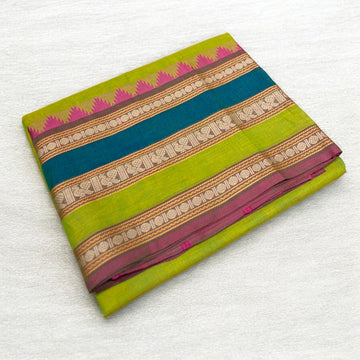 Zari Woven Pure Kanchi Cotton - Parrot Green and Blue