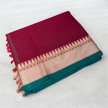 Zari Woven Pure Kanchi Cotton - Rich Red and Bottle Green