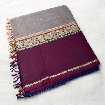 Zari Woven Pure Kanchi Cotton Dual Border - Navy Blue and Maroon