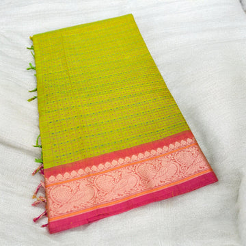 Zari Woven Pure Kanchi Cotton Checkered - Parrot Green