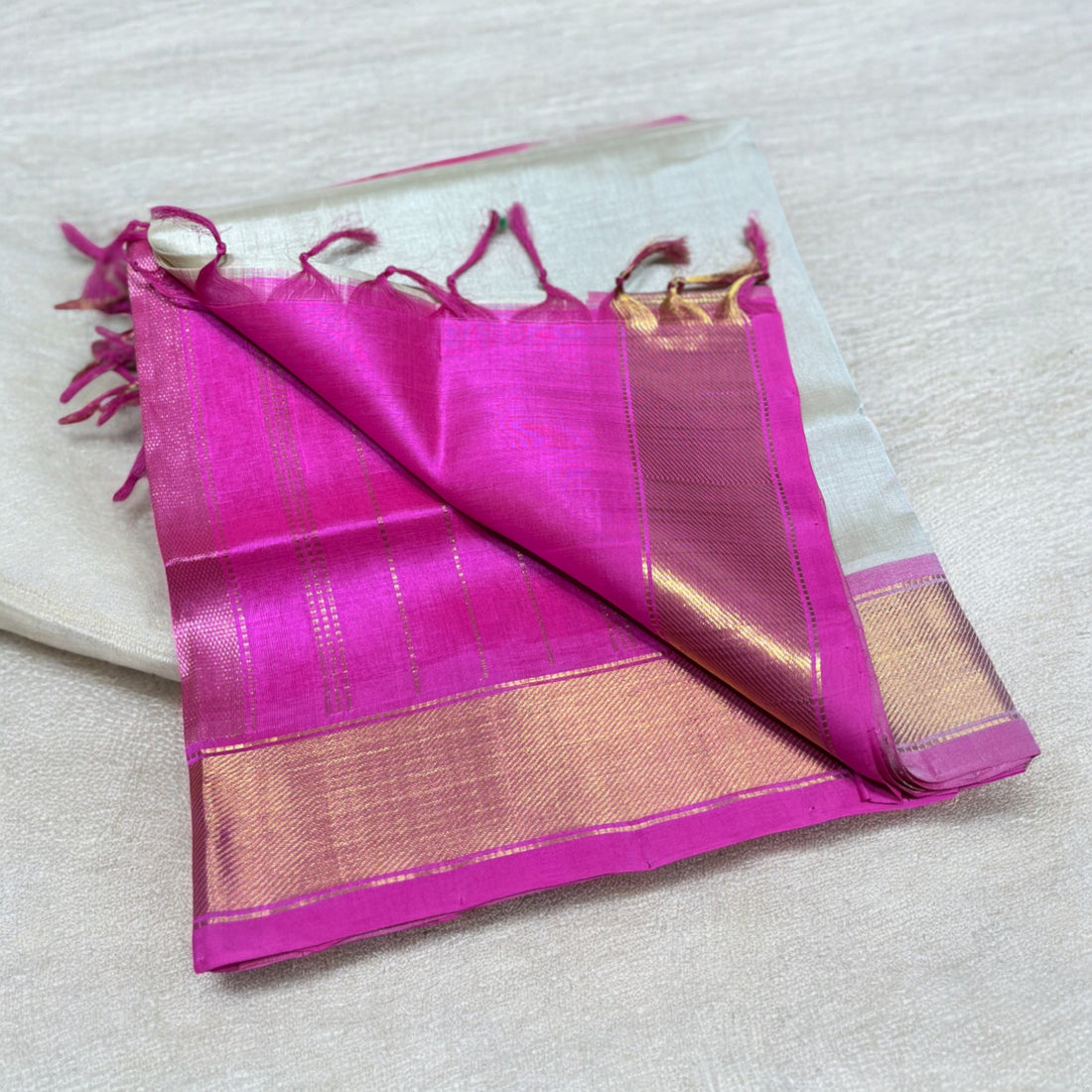 Kanchi Silk Cotton - Cream and Solid Pink
