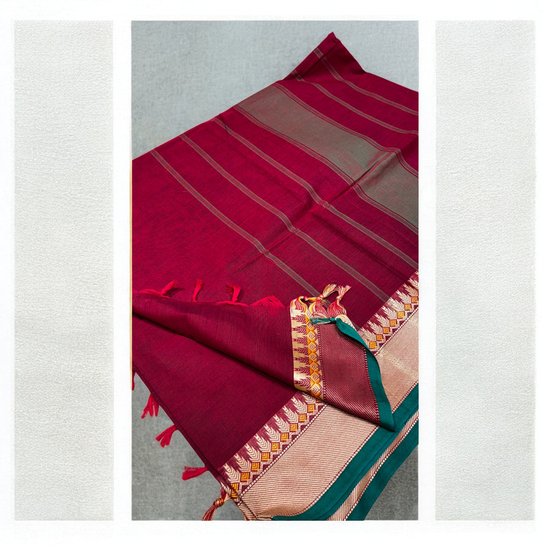 Zari Woven Pure Kanchi Cotton - Rich Red and Bottle Green