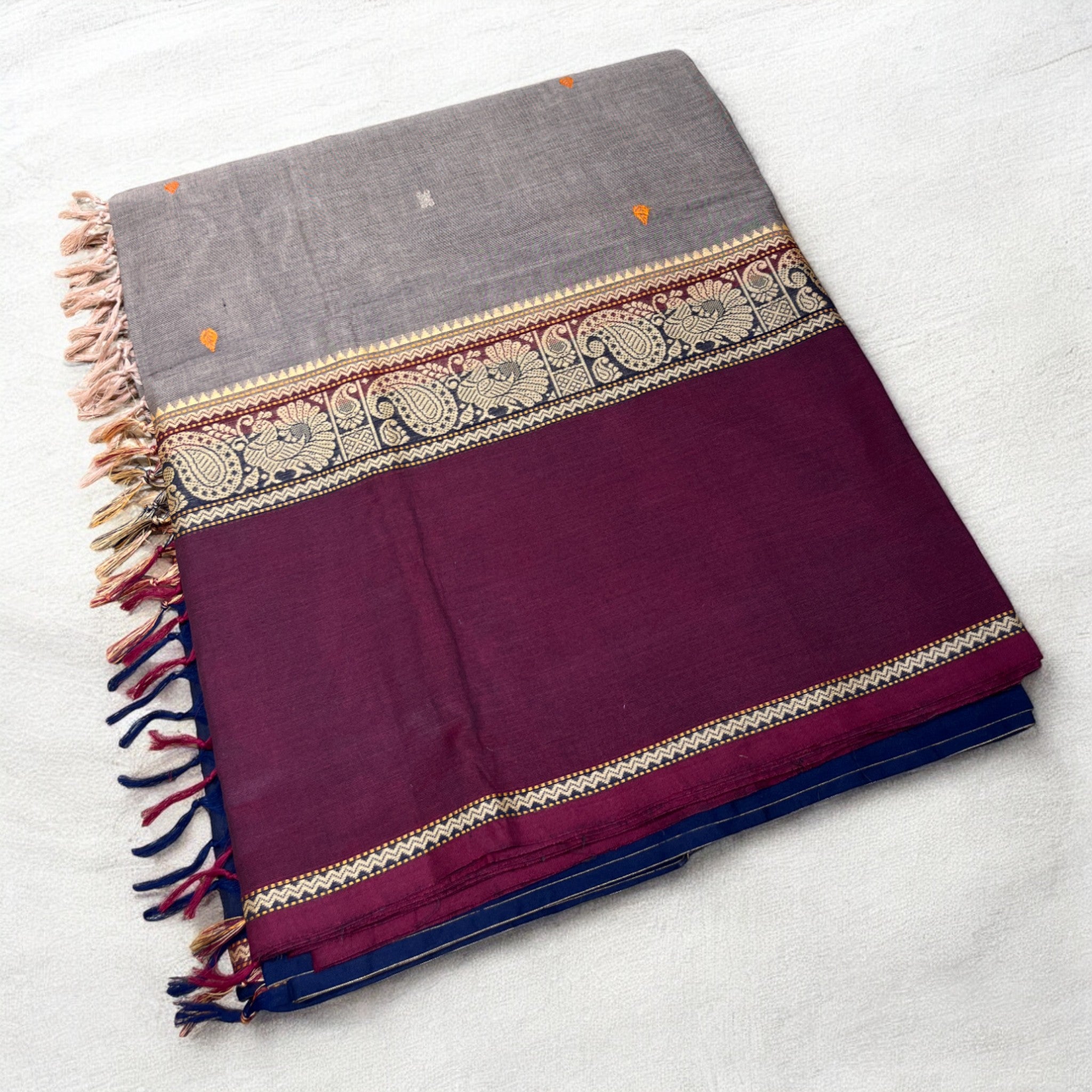 Zari Woven Pure Kanchi Cotton Dual Border - Navy Blue and Maroon
