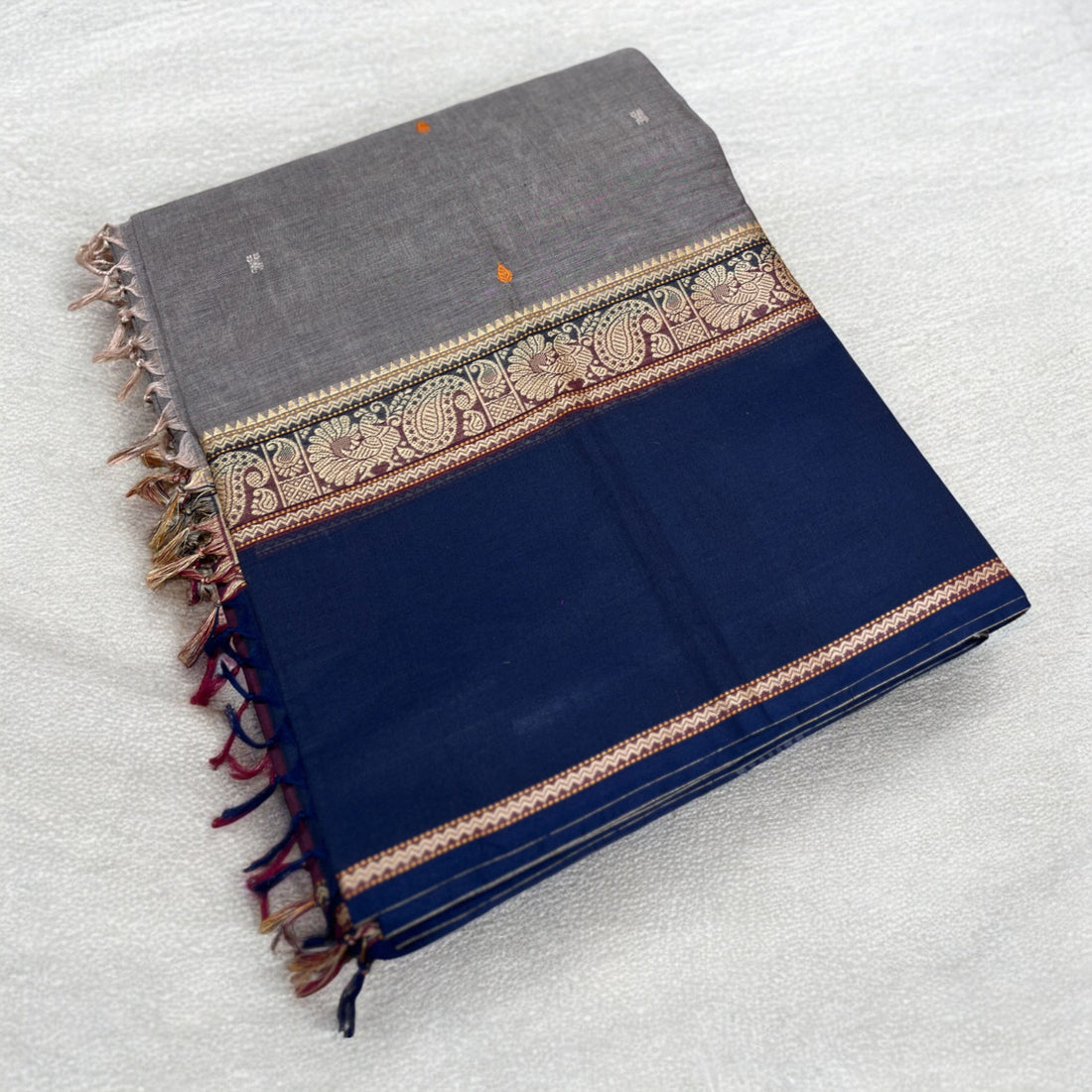 Zari Woven Pure Kanchi Cotton Dual Border - Navy Blue and Maroon