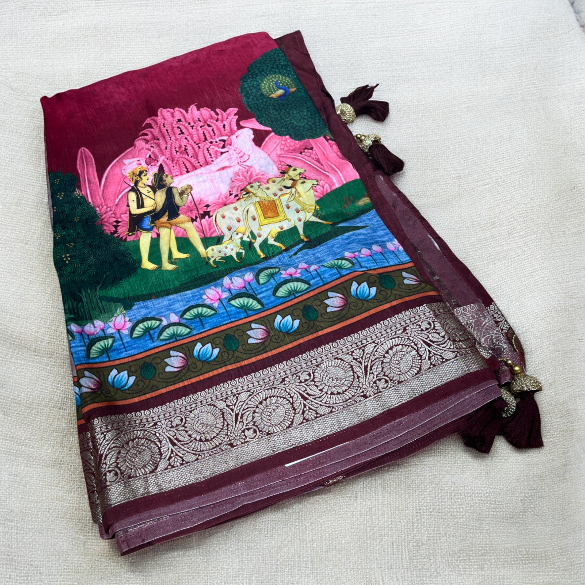 Supersoft Lightweight Pichwai Dola Silk - Maroon and Pastel Purple