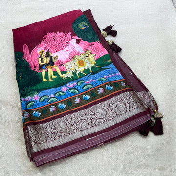 Supersoft Lightweight Pichwai Dola Silk - Maroon and Pastel Purple
