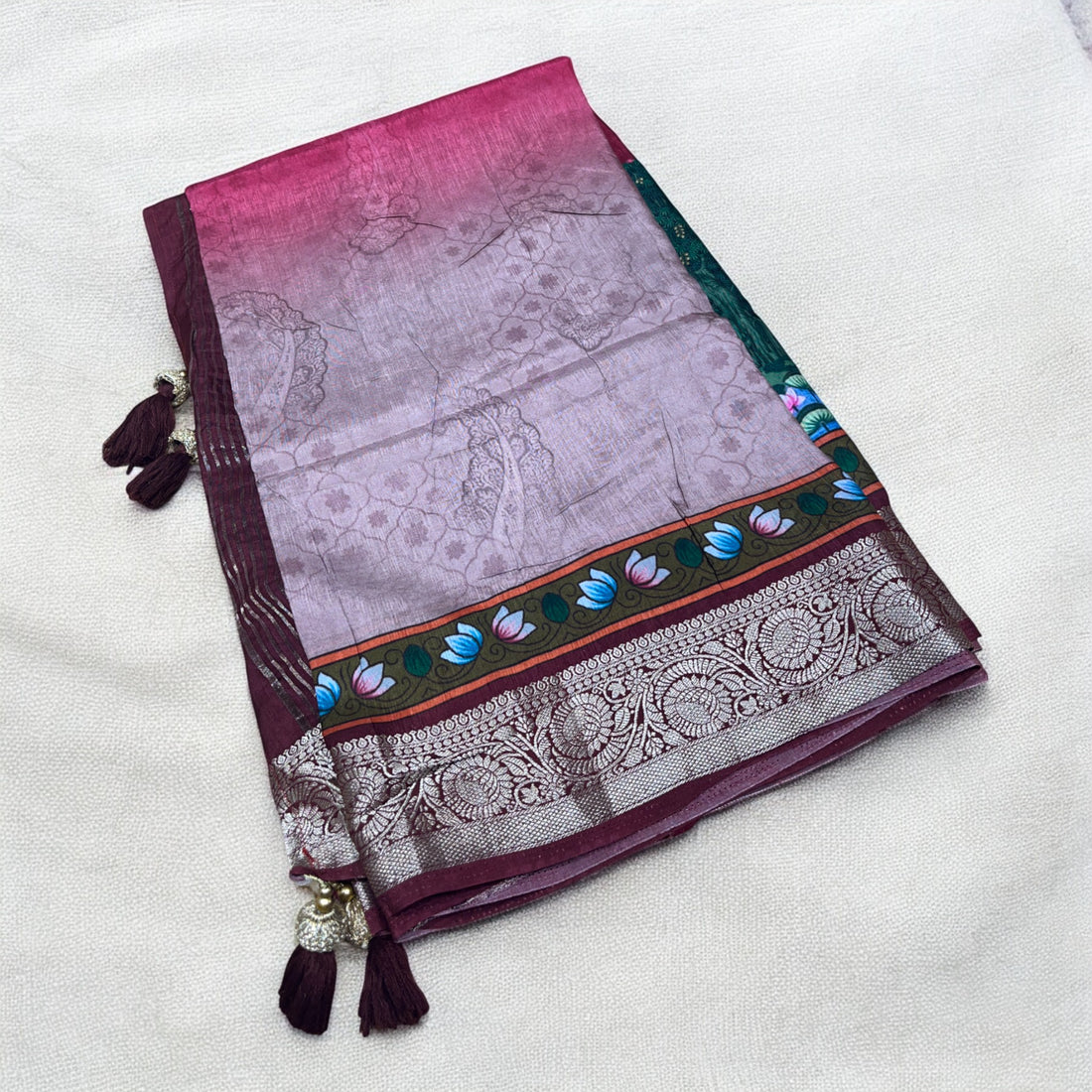 Supersoft Lightweight Pichwai Dola Silk - Maroon and Pastel Purple
