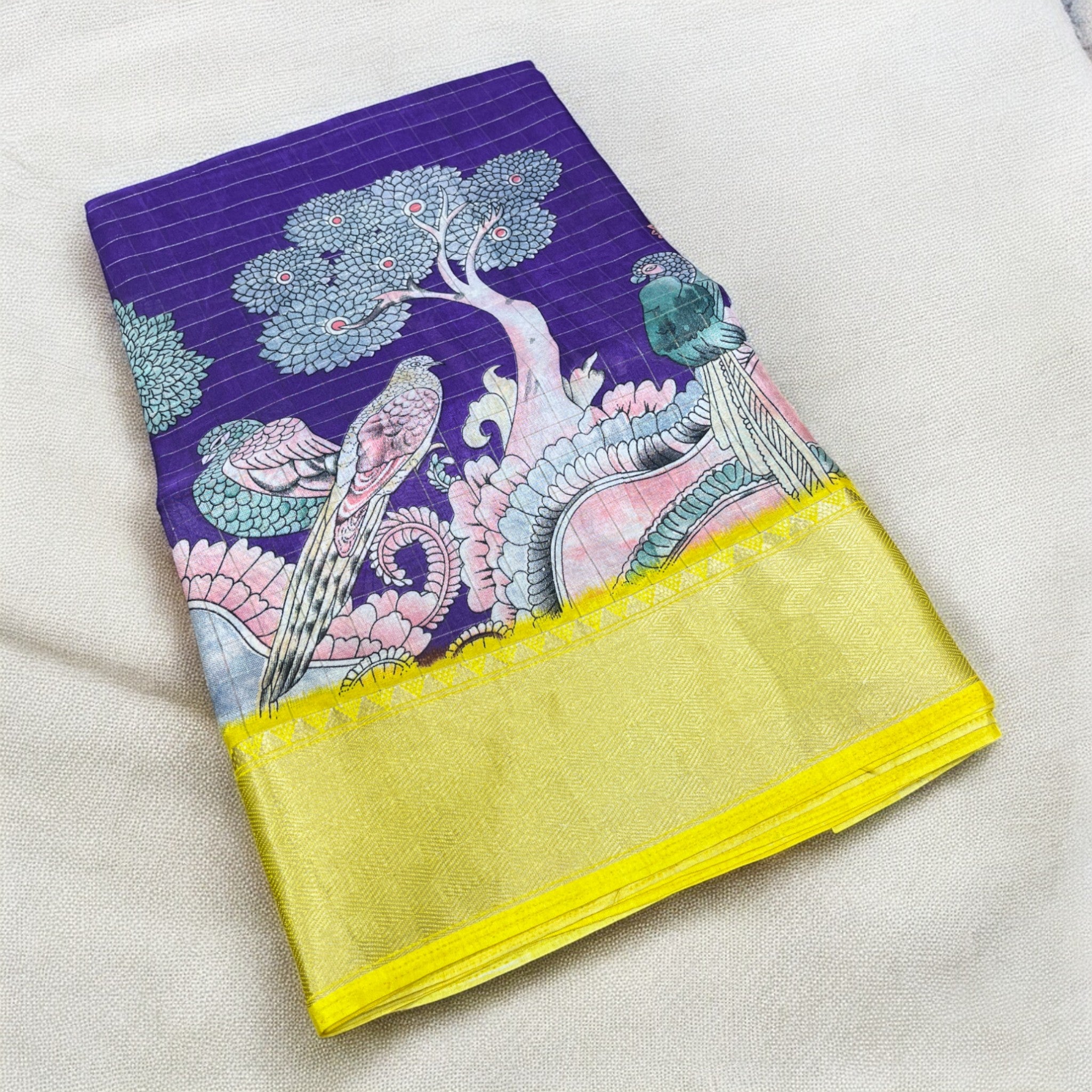 Supersoft Lightweight Checkered Kalamkari Silk Cotton - Vibrant Violet